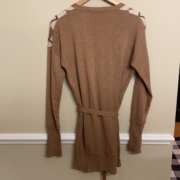 Loft Camel Belted Long Cardigan with Cream and Brown Argyle Pattern Front-Size M - Picture 2 of 2